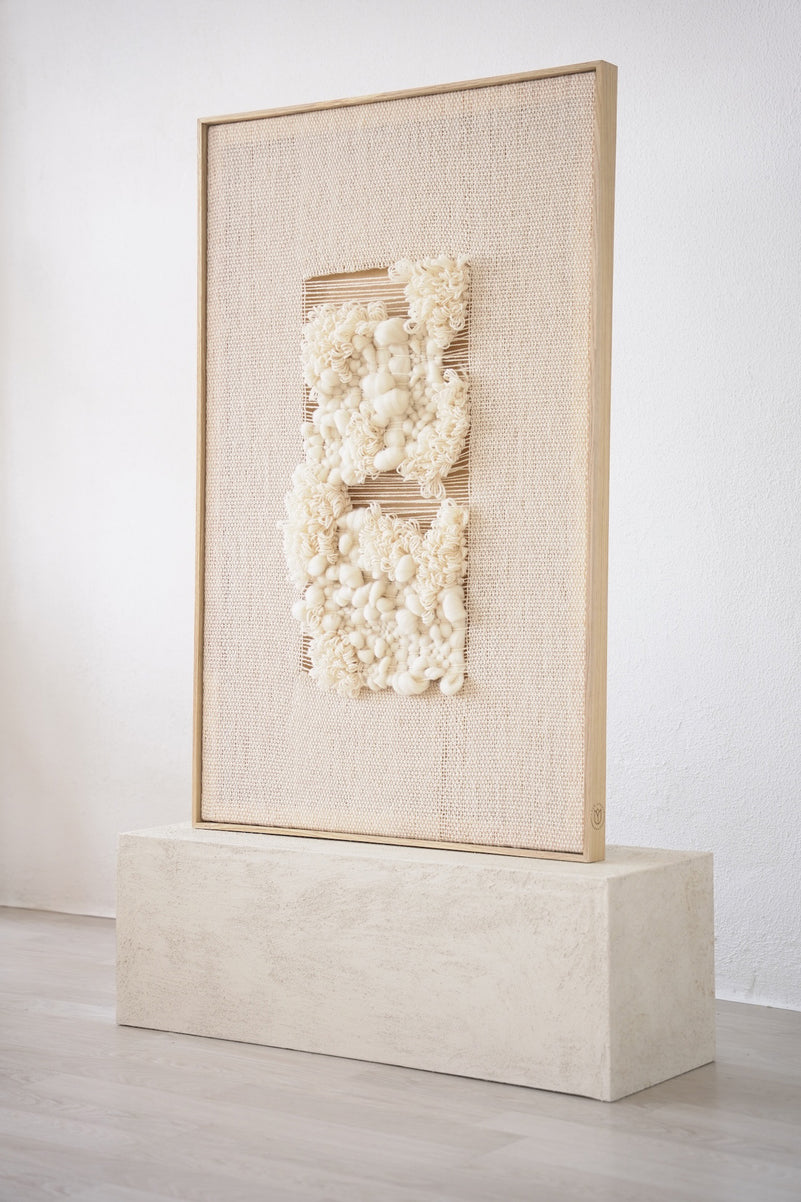 Elegant Velua woven wall hanging with oak frame for office wall art