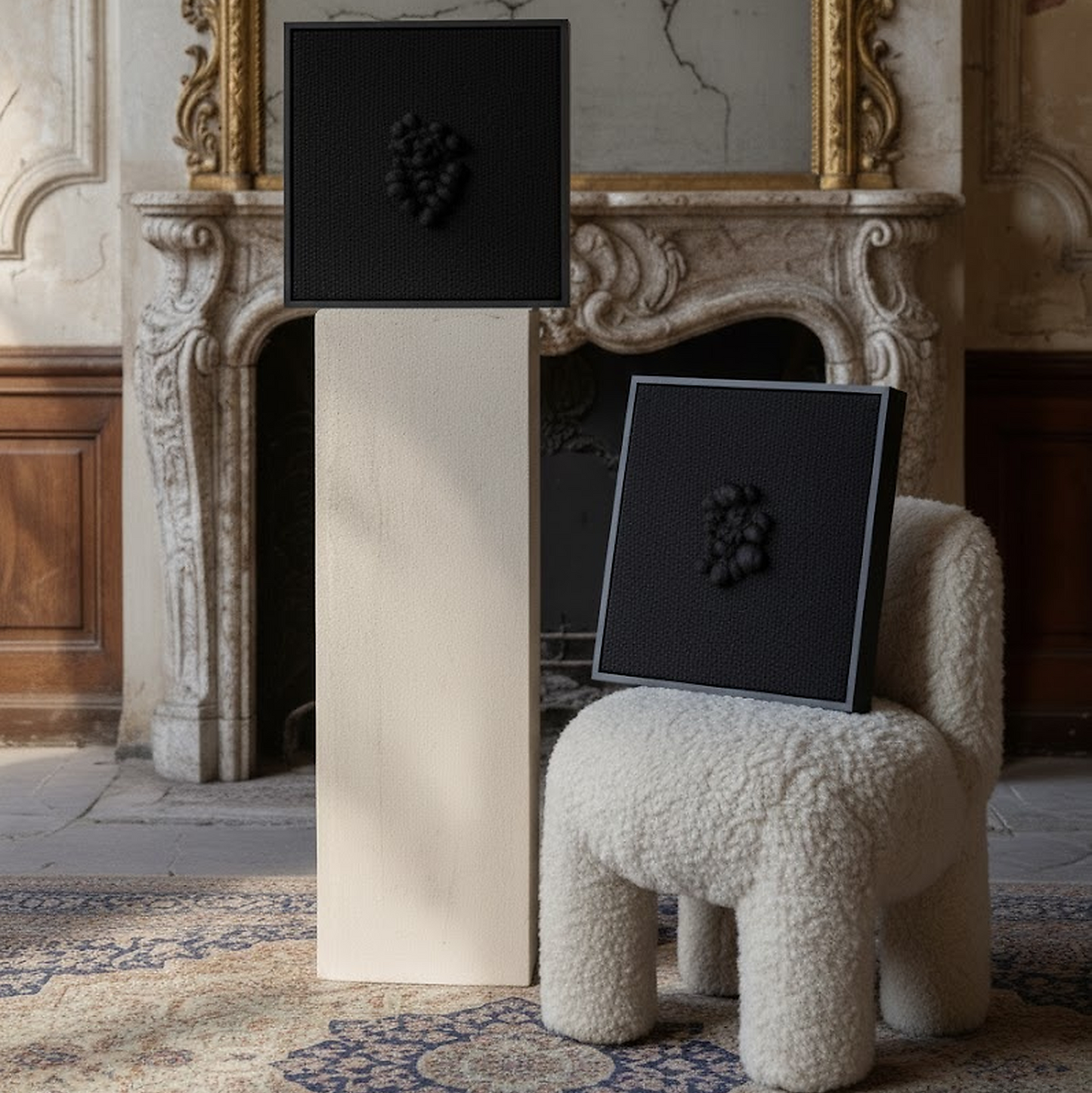 Enigma – Rzeźbiarski gobelin w ramie – Czarna wełna i drewno