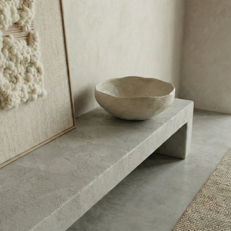 Concrete bowl on a concrete surface with a textured wall in the background