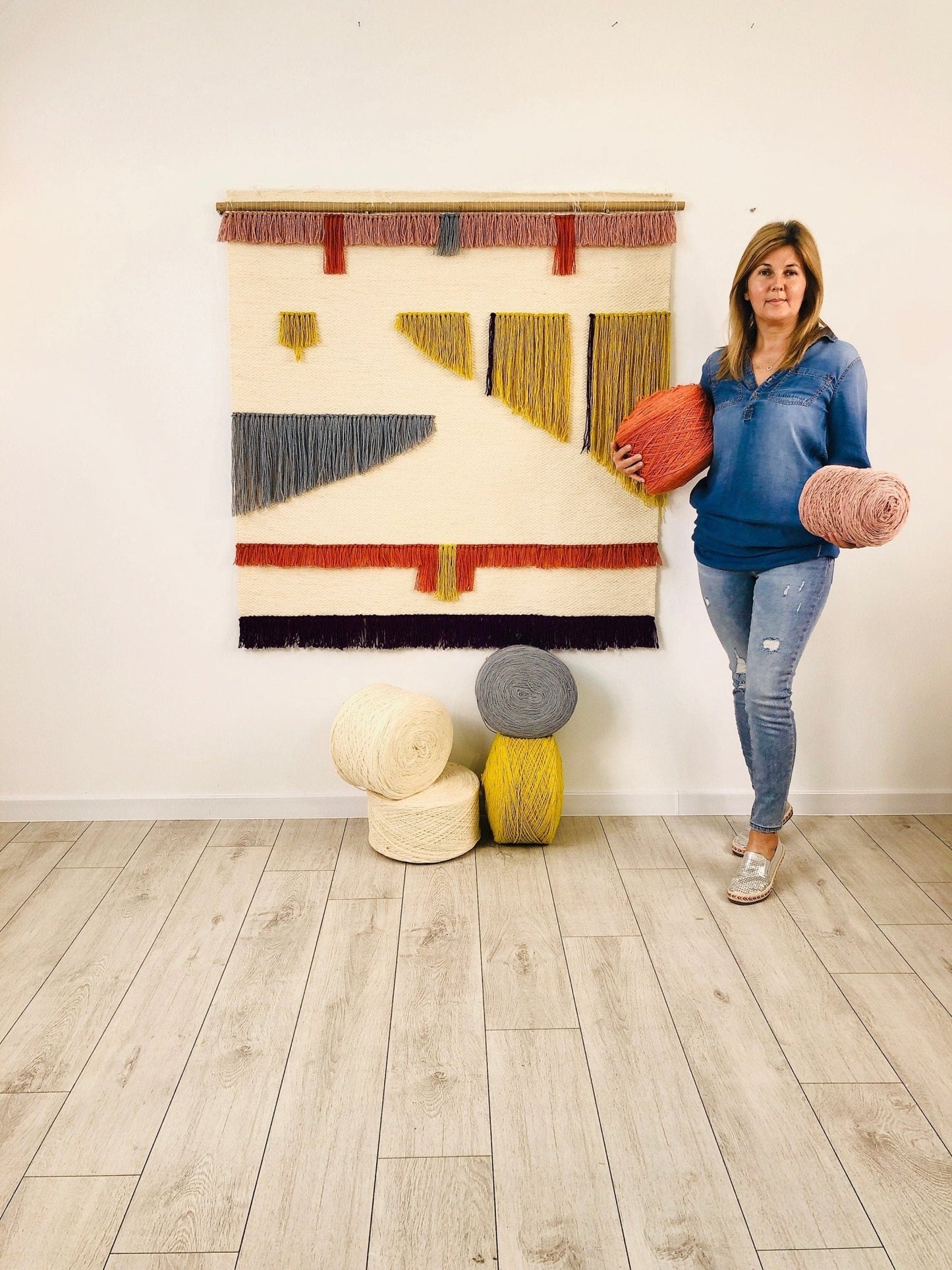 Gobelin Czeski ręcznie farbowany 100% wełna - Krosno Wall Art - Tkany zagłówek - Dekoracje - Makramee Vorhang - Dekoracja Murale Macramé - Wandkleed